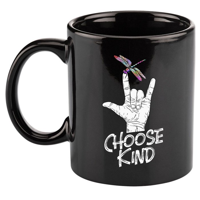 Choose Kind Asl Language Dragonfly Lover Insects 11oz C Handle Ceramic Mug
