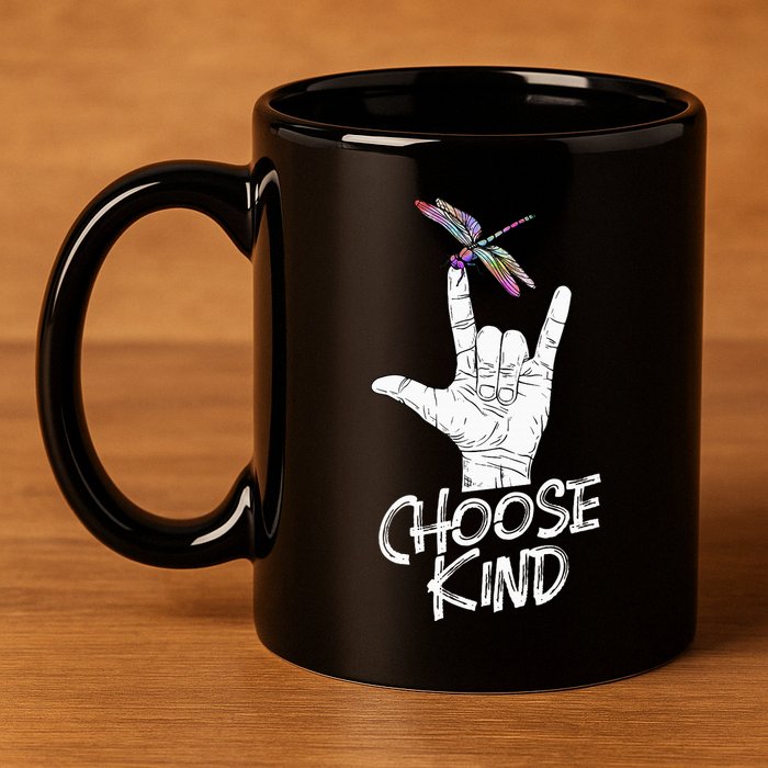 Choose Kind Asl Language Dragonfly Lover Insects 11oz C Handle Ceramic Mug