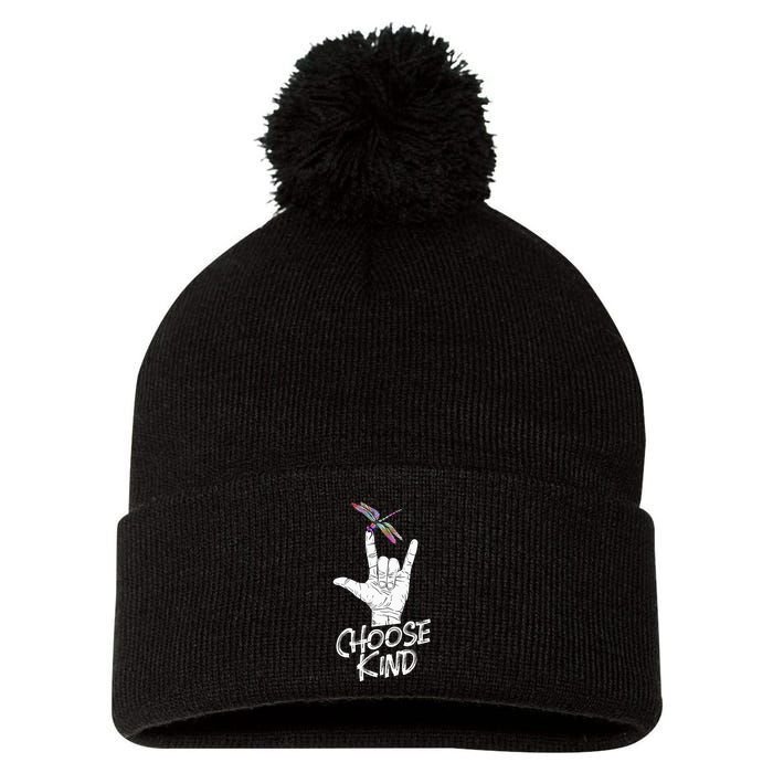 Choose Kind Asl Language Dragonfly Lover Insects Pom Pom 12in Knit Beanie
