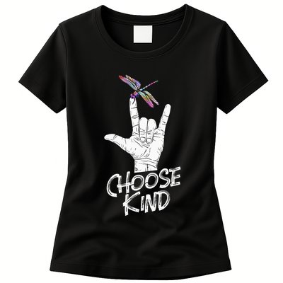 Choose Kind Asl Language Dragonfly Lover Insects Womens T-Shirt