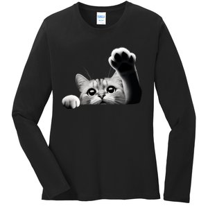 Cute Kitten Big Eyes Cat Outstretched Paw Ladies Long Sleeve Shirt