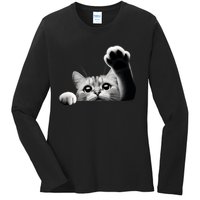 Cute Kitten Big Eyes Cat Outstretched Paw Ladies Long Sleeve Shirt