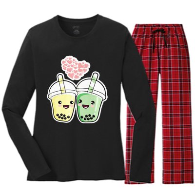 Cute Kawaii Boba Bubble Tea Women's Long Sleeve Flannel Pajama Set 