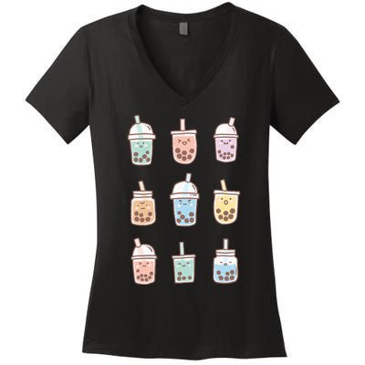 Cute Kawaii Boba Anime Bubble Tea Pastel Women's V-Neck T-Shirt