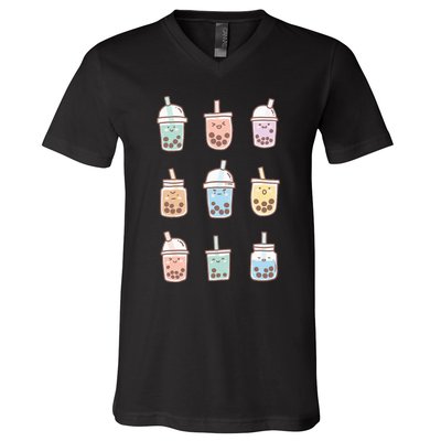 Cute Kawaii Boba Anime Bubble Tea Pastel V-Neck T-Shirt