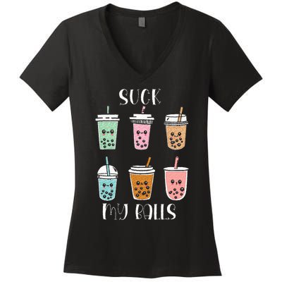 Cute Kawaii Bubble Boba Milk Tea Lover Tapioca Pearls Funny Women's V-Neck T-Shirt