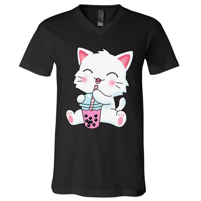 Cute Kawaii Bubble Tea Tshirt Boba Milk Tea Anime Cat V-Neck T-Shirt