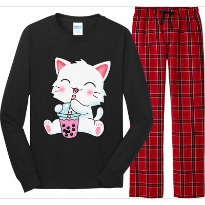 Cute Kawaii Bubble Tea Tshirt Boba Milk Tea Anime Cat Long Sleeve Pajama Set