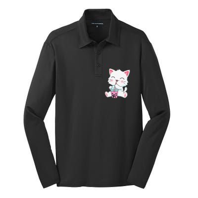 Cute Kawaii Bubble Tea Tshirt Boba Milk Tea Anime Cat Silk Touch Performance Long Sleeve Polo