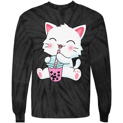 Cute Kawaii Bubble Tea Tshirt Boba Milk Tea Anime Cat Tie-Dye Long Sleeve Shirt