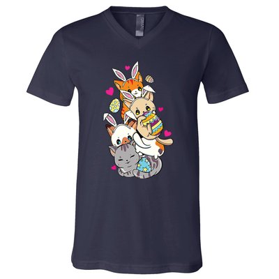 Cute Kawaii Cat Kitten Bunny Lover Easter Egg Hunting V-Neck T-Shirt