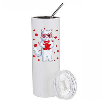 Cute Kawaii Cat Heart Valentines Day Kitten Stainless Steel Tumbler