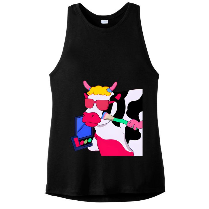 Cute Kawaii Cow Wearing Makeup Funny Cow Lover Cow Woman Makeup Lover Ladies PosiCharge Tri-Blend Wicking Tank