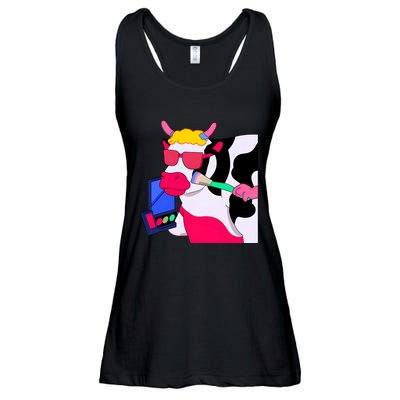 Cute Kawaii Cow Wearing Makeup Funny Cow Lover Cow Woman Makeup Lover Ladies Essential Flowy Tank