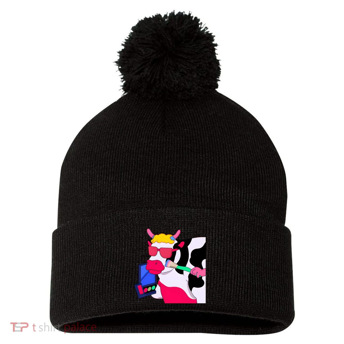 Cute Kawaii Cow Wearing Makeup Funny Cow Lover Cow Woman Makeup Lover Pom Pom 12in Knit Beanie
