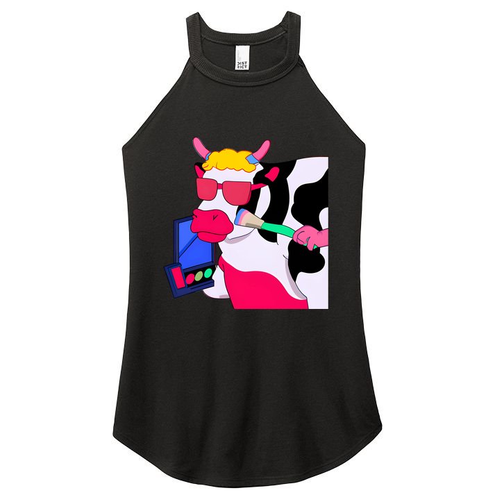 Cute Kawaii Cow Wearing Makeup Funny Cow Lover Cow Woman Makeup Lover Women's Perfect Tri Rocker Tank