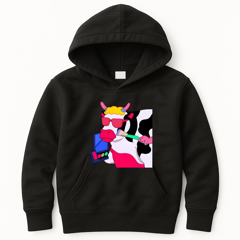 Cute Kawaii Cow Wearing Makeup Funny Cow Lover Cow Woman Makeup Lover Kids Hoodie