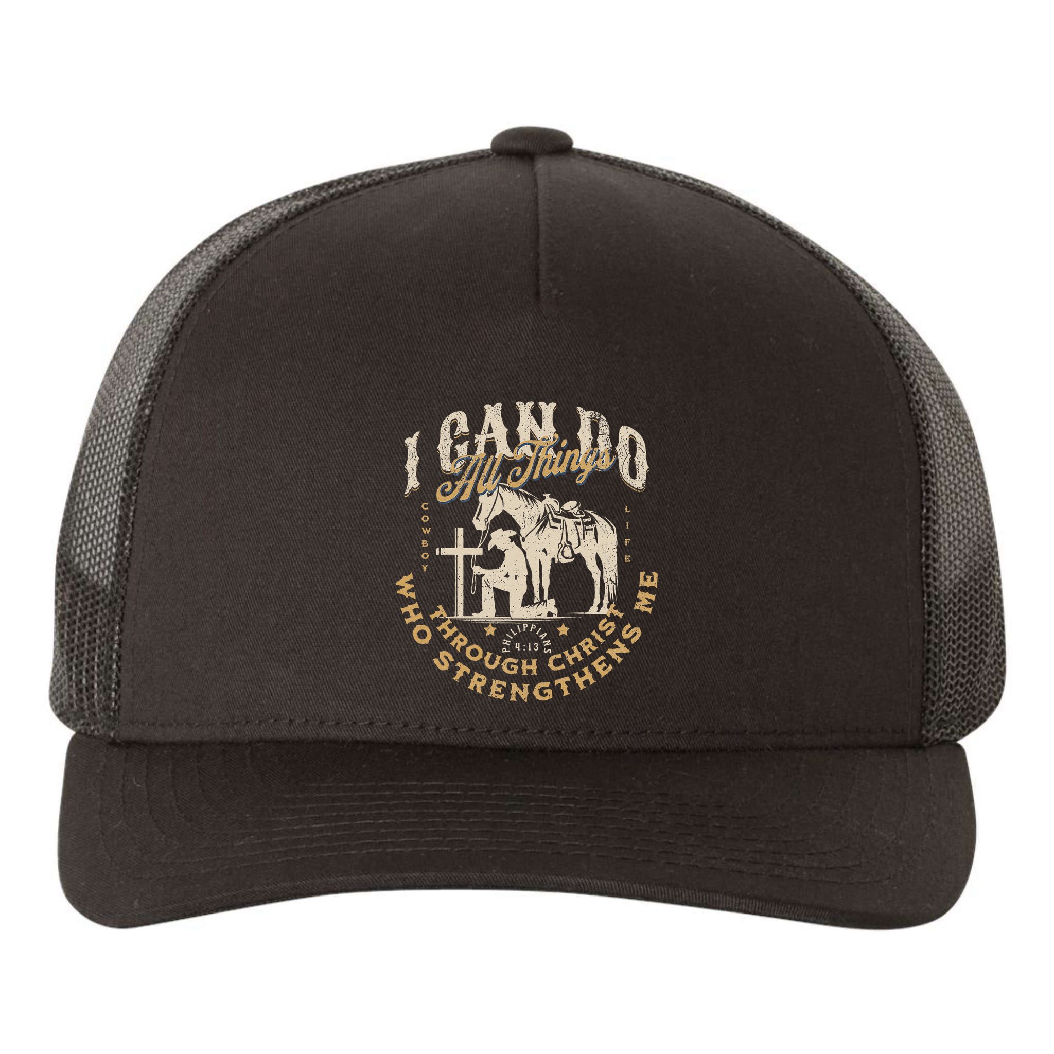Cowboy Kneeling Cross Scripture Western Bible Verse Jesus Yupoong Adult 5-Panel Trucker Hat
