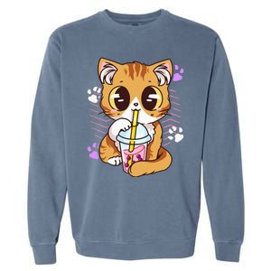 Cute Kawaii Cat Boba Bubble Milk Tea Anime Neko Kitten Garment-Dyed Sweatshirt