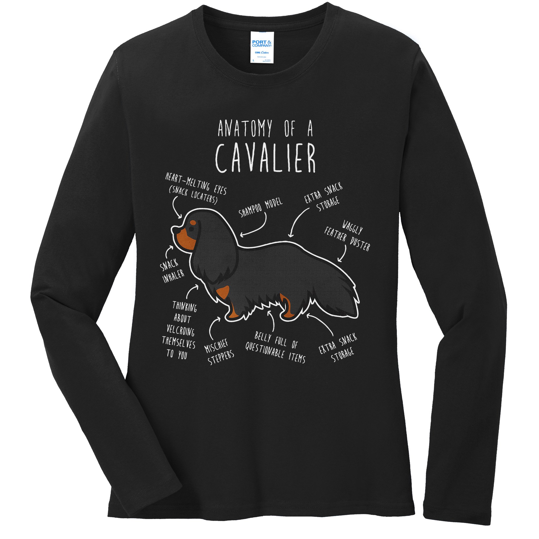 Cavalier King Charles Spaniel Dog Black Tan Funny Anatomy Ladies Long Sleeve Shirt