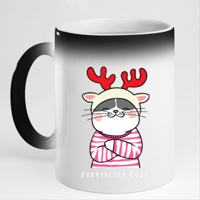 Cozy Kitty Cat Reindeer Christmas Gift 11oz Black Color Changing Mug