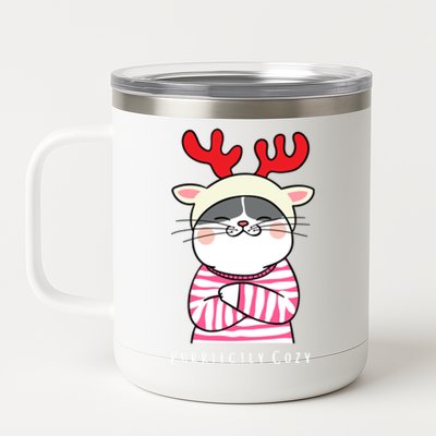 Cozy Kitty Cat Reindeer Christmas Gift 12 oz Stainless Steel Tumbler Cup