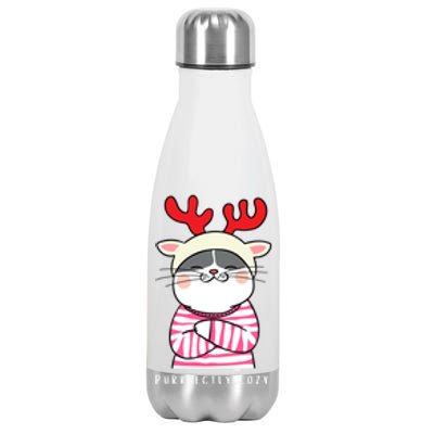 Cozy Kitty Cat Reindeer Christmas Gift Stainless Steel Insulated Water Bottle