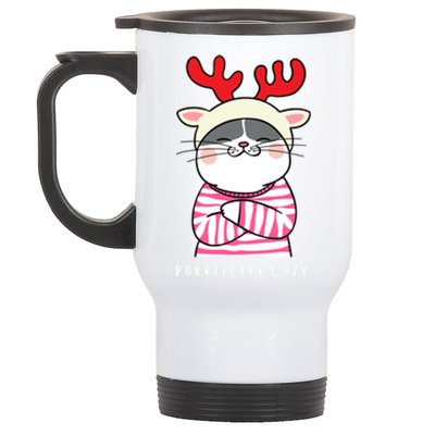 Cozy Kitty Cat Reindeer Christmas Gift Stainless Steel Travel Mug