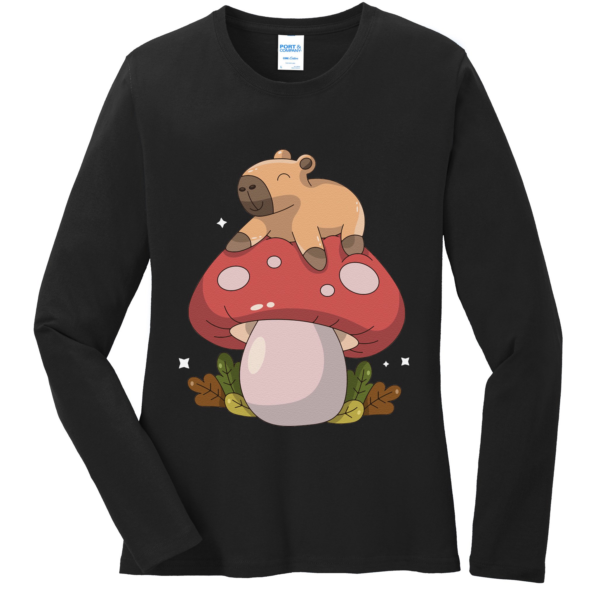 Cute Kawaii Capybara Mushroom Cottagecore Aesthetic Ladies Long Sleeve Shirt