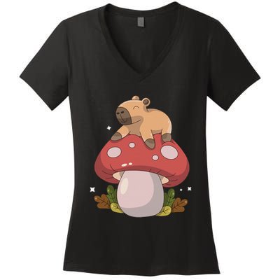 Cute Kawaii Capybara Mushroom Cottagecore Aesthetic Women's V-Neck T-Shirt