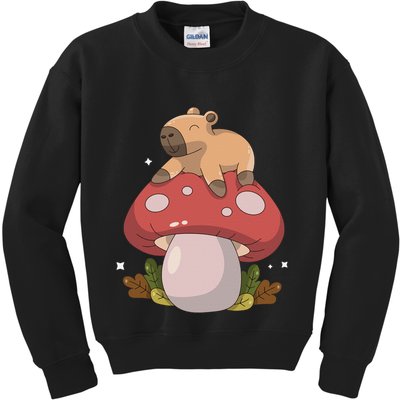 Cute Kawaii Capybara Mushroom Cottagecore Aesthetic Kids Sweatshirt