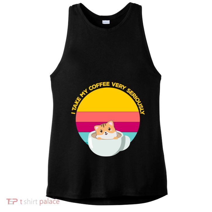 Cute Kawaii Cat In A Coffee Cup Funny Coffee Puns Retro Sunset Cat Lover Ladies PosiCharge Tri-Blend Wicking Tank