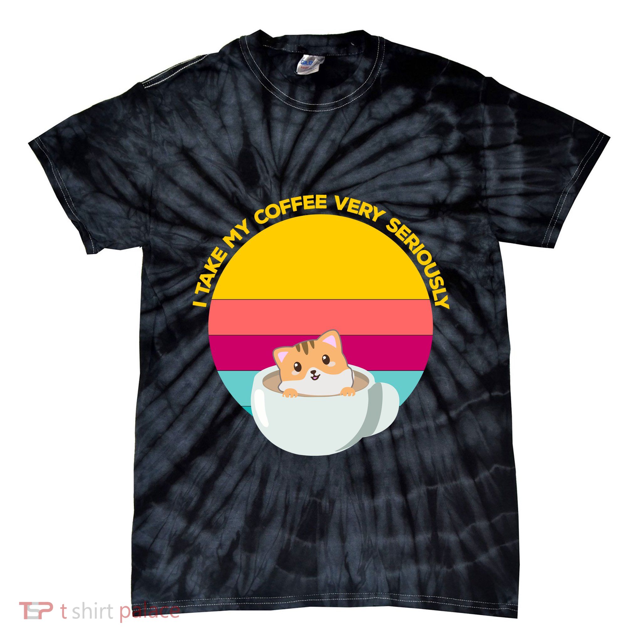 Cute Kawaii Cat In A Coffee Cup Funny Coffee Puns Retro Sunset Cat Lover Tie-Dye T-Shirt