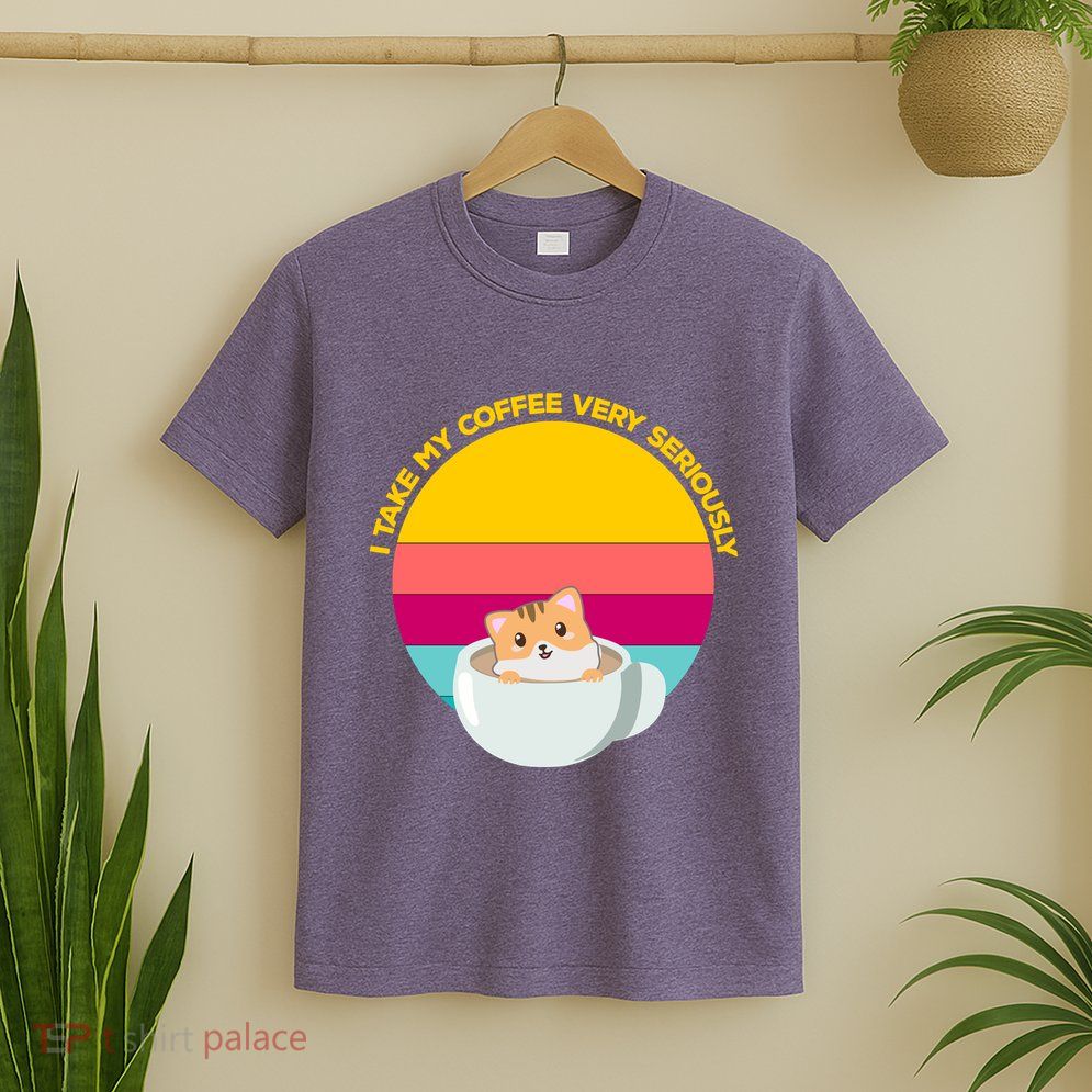 Cute Kawaii Cat In A Coffee Cup Funny Coffee Puns Retro Sunset Cat Lover T-Shirt