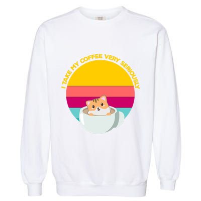 Cute Kawaii Cat In A Coffee Cup Funny Coffee Puns Retro Sunset Cat Lover Garment-Dyed Sweatshirt