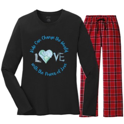 Cute Kids Can Change The World With Love Uplifting Message Women's Long Sleeve Flannel Pajama Set 