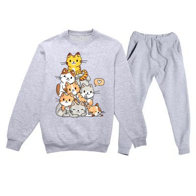 Cute Kawaii Cat Kitty Meowtain Cats Pile Chibi Women Girls Premium Crewneck Sweatsuit Set