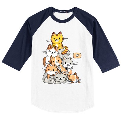 Cute Kawaii Cat Kitty Meowtain Cats Pile Chibi Women Girls Baseball Sleeve Shirt