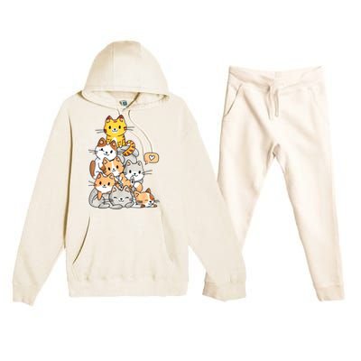 Cute Kawaii Cat Kitty Meowtain Cats Pile Chibi Women Girls Premium Hooded Sweatsuit Set