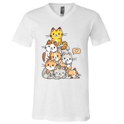 Cute Kawaii Cat Kitty Meowtain Cats Pile Chibi Women Girls V-Neck T-Shirt