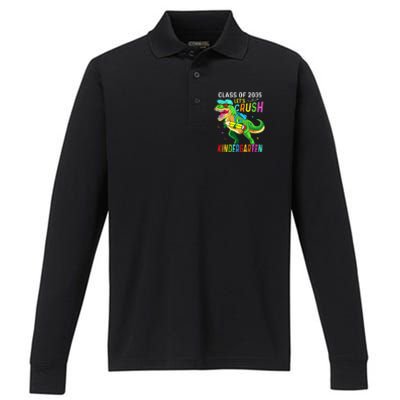 Crush Kindergarten class 2035 back to school dinosaur Performance Long Sleeve Polo