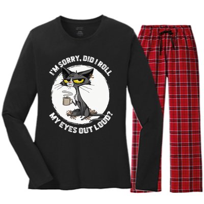 Cat Kitten Did I Roll My Eyes Out Loud Funny Sarcastic Women's Long Sleeve Flannel Pajama Set 