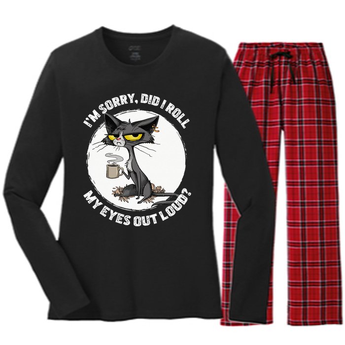 Cat Kitten Did I Roll My Eyes Out Loud Funny Sarcastic Women's Long Sleeve Flannel Pajama Set 