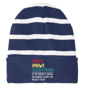 Coach Know Everything Funny Fathers Day Gift For Coach Dad Striped Beanie with Solid Band