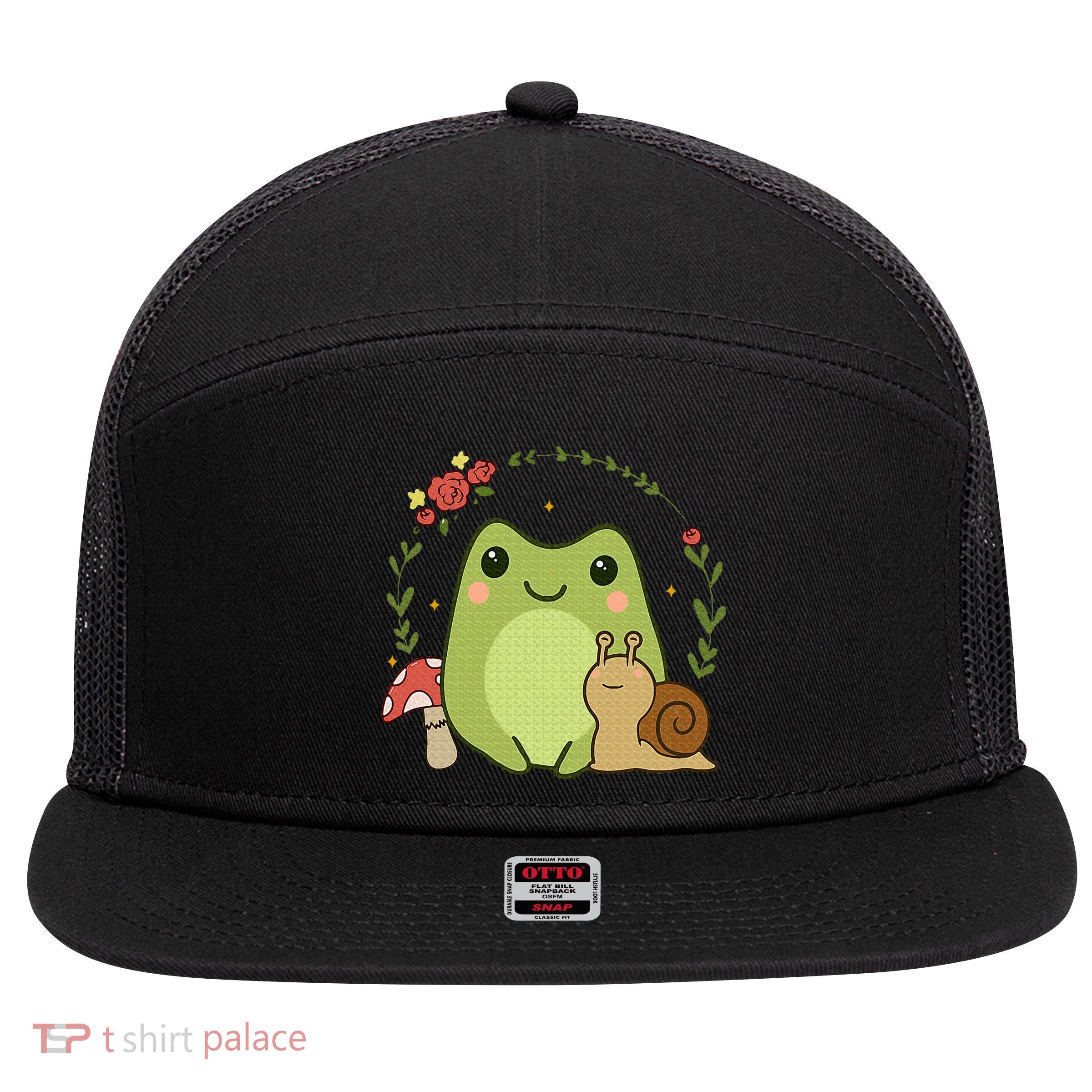 Cute Kawaii Frog Snail Mushroom Cottagecore Aesthetic 7 Panel Mesh Trucker Snapback Hat