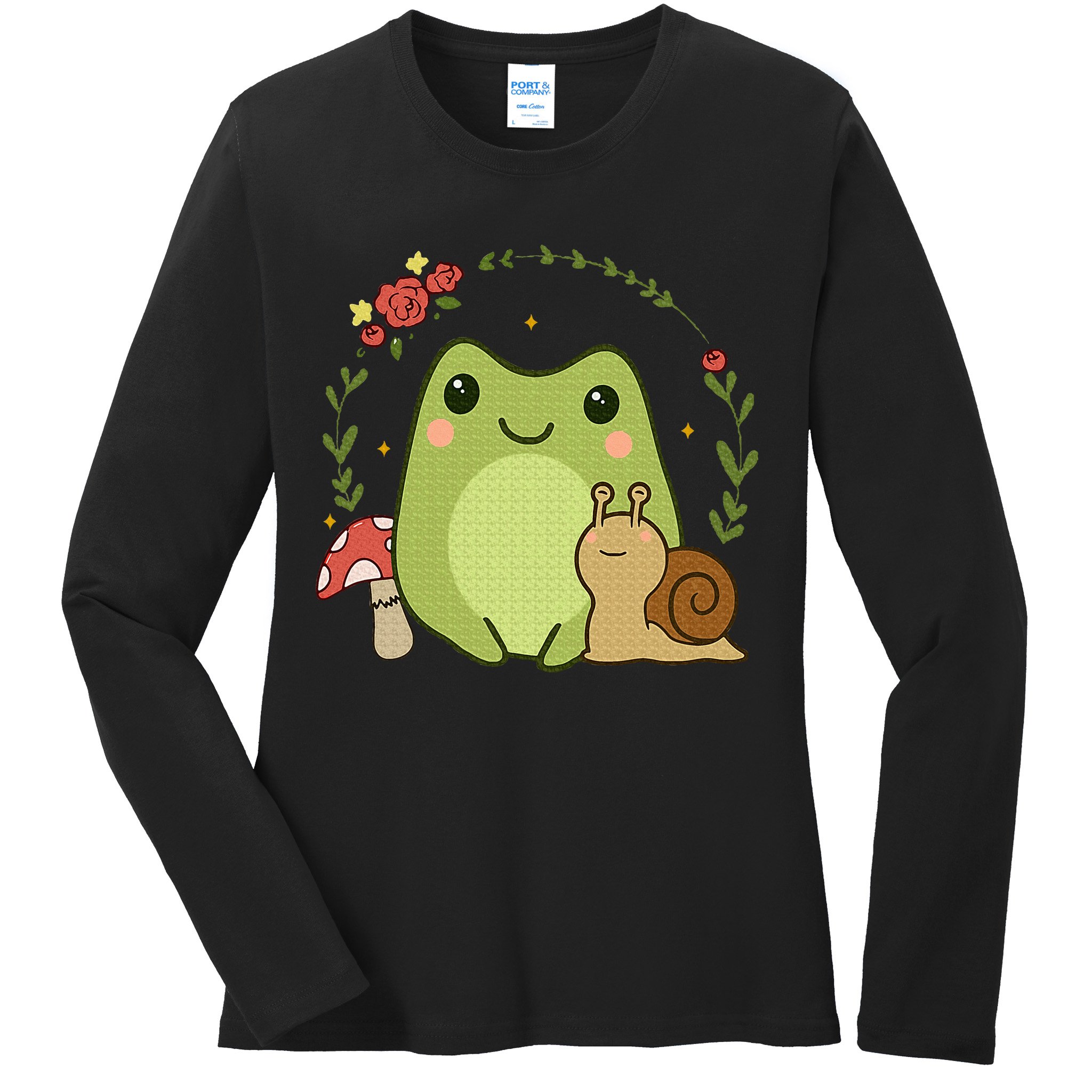 Cute Kawaii Frog Snail Mushroom Cottagecore Aesthetic Ladies Long Sleeve Shirt
