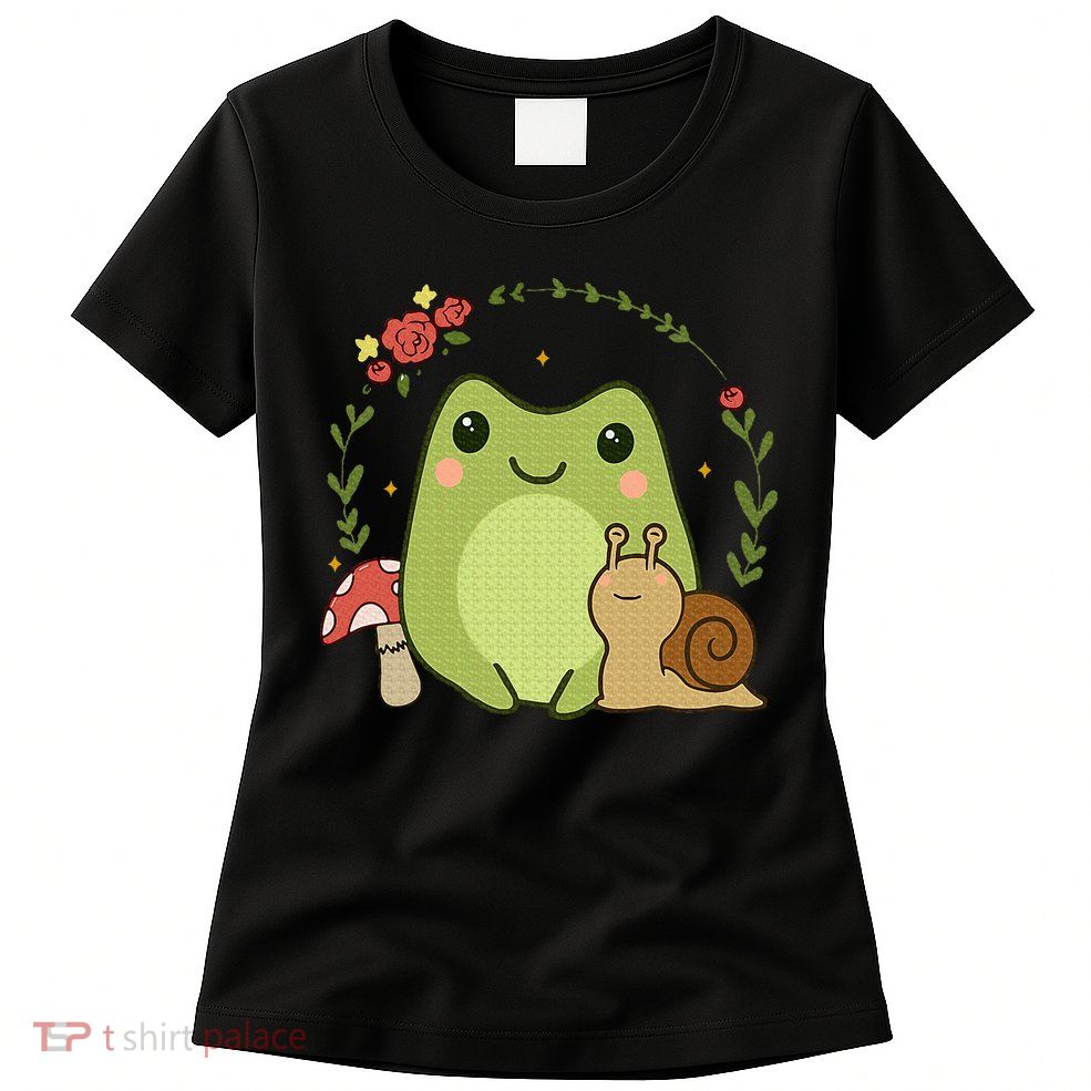 Cute Kawaii Frog Snail Mushroom Cottagecore Aesthetic Womens T-Shirt
