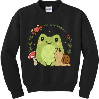 Cute Kawaii Frog Snail Mushroom Cottagecore Aesthetic Kids Sweatshirt