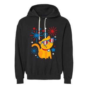 Cat Kitty Fireworks Funny 4th Of July Independence Day Gift Garment-Dyed Fleece Hoodie