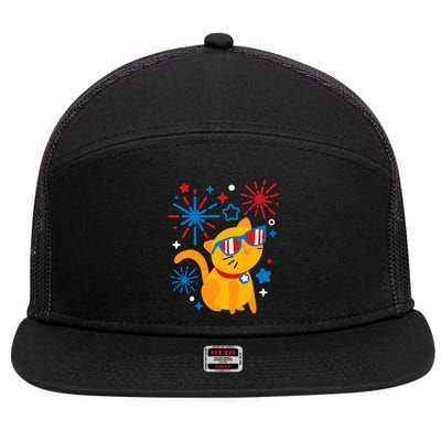 Cat Kitty Fireworks Funny 4th Of July Independence Day Gift 7 Panel Mesh Trucker Snapback Hat